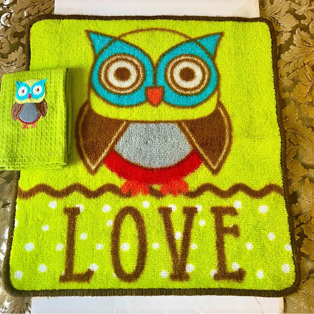Kitchen Rug and towel set with Cute Owl Images, Color: ultra Green - Picture 1 of 5